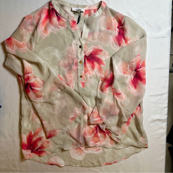 Calvin Klein Floral Sheer Blouse Top Ruffle Split Bell Sleeves | Size L | NWOT - Picture 1 of 12